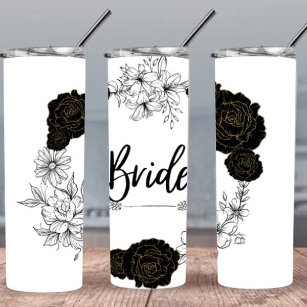 Black Roses Bride 300dpi 20oz STRAIGHT Skinny Tumbler Wrap/Wedding 20oz Tumbler Sublimation/Minimalist Bride Digital 20oz Tumbler