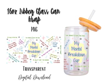 Diseño de sublimación para vaso de vidrio Libbey de 16 oz con diseño de desglose mental digital - Descarga de diseño PNG/Estampado de leopardo/Negativo/Malo/Emociones/Vida
