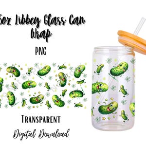 May include: A digital download of a 16oz glass can wrap with a transparent background. The wrap features a repeating pattern of green cartoon pickles with smiling faces. The text "16oz Libbey Glass Can Wrap PNG TRANSPARENT Digital Download" is included in the image.