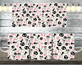Digital Cute Skulls 300dpi 11oz, 12oz & 15oz Mug Wrap/Mug Sublimation/Digital Mug File/Mug Template/Skeleton Pattern/Harts/Girly