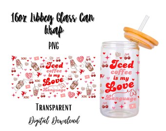Valentines Iced Coffee 16oz Libbey Glass Can Tumbler Sublimation Design/Digital Download PNG/Red/Romance/Hearts/Pattern/Flowers/Cupid/Cherry