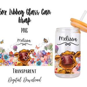 Digital Cow 16oz Libbey Glass Can Tumbler Sublimation Design - Design Digital Download PNG/Animal/flowers/Add Text/Personalized/Animal