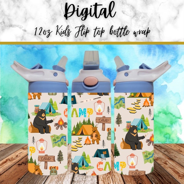 Digital Camping  300dpi 12oz Kids Flip top Sippy cup Tumbler Wrap PNG /12oz Kids Sublimation/Digital 12oz Tumbl/bear/tent/Nature/Fire/Forest