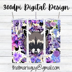 Raccoon 300dpi 20oz STRAIGHT Skinny Tumbler Wrap/30oz Tumbler Sublimation/Digital 20oz 30oz Tumbler/Animal/Trash Panda/Purple Flowers