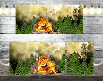 Digital Lion 300dpi 11oz, 12oz & 15oz Mug Wrap/Mug Sublimation/Digital Mug /Mug Template/Nature/Animal/Forest/Cat
