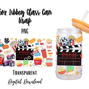 Digital Movie Night 16oz Libbey Glass Can Tumbler Sublimation Design - Design Digital Download PNG/Cinema/Popcorn/Show/TV/Documentaries
