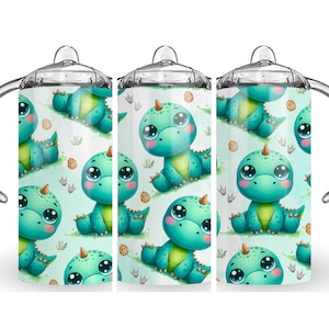May include: Three clear plastic water bottles with a green and white dinosaur pattern. The bottles have a handle and a lid.