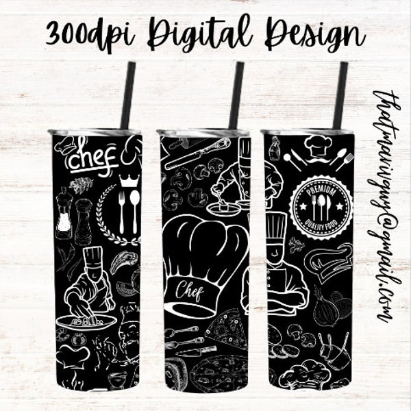 Chef 300dpi 20oz STRAIGHT Skinny Tumbler Wrap/30oz Tumbler Sublimation/Digital 20oz 30oz Tumbler/Pattern/Food/Dessert/Kitchen Equipment