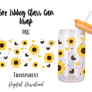 Sunflowers Pattern 16oz Libbey Glass Can Tumbler Sublimation Design - Design Digital Download PNG/Flowers/Harts/Nature/Plants