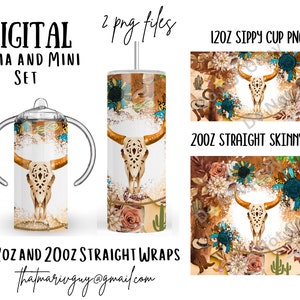 Digital Cow Skull Mama and Mini Set 300dpi 20oz STRAIGHT Skinny Tumbler Wrap/20ozTumbler Sublimation/Digital 12oz Kids Sippy Cup/Western