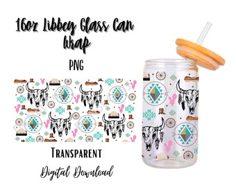 Digital Western 16oz Libbey Glass Can Tumbler Sublimation Design - Design Digital Download PNG/Cow Skull/Cowgirl/Background