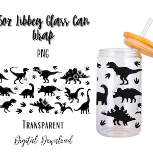 Può includere: Un download digitale in bianco e nero di un involucro per lattina di vetro Libbey da 473 ml con un design di dinosauro. L'involucro è trasparente e può essere utilizzato per personalizzare una lattina di vetro.