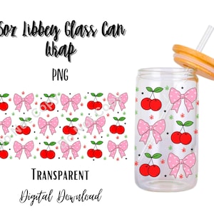 バレンタイン ボウ アンド チェリーの 16 オンス Libbey ガラス 缶 タンブラー 昇華デザイン/デジタル ダウンロード PNG/赤/ロマンス/パターン/花/ガーリー/かわいい