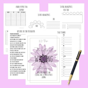 May include: A printable wedding planner with a purple flower design. The planner includes 103 pages of checklists, worksheets, and essential tools to plan a wedding. The cover features the text "The ultimate wedding planner".