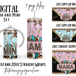 Digital Western Mama and Mini Set 300dpi 20oz STRAIGHT Skinny Tumbler Wrap/20ozTumbler Sublimation/Digital 12oz Kids Sippy Cup/Cow Skull