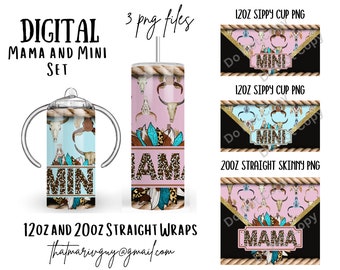 Digital Western Mama and Mini Set 300dpi 20oz STRAIGHT Skinny Tumbler Wrap/20ozTumbler Sublimation/Digital 12oz Kids Sippy Cup/Cow Skull