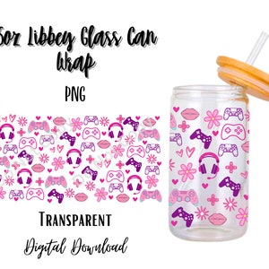 May include: A 16oz glass can wrap with a pink and purple gamer themed design. The design features video game controllers, headphones, flowers, and lips. The wrap is transparent and a digital download.