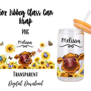 Digital Cow 16oz Libbey Glass Can Tumbler Sublimation Design - Design Digital Download PNG/Animal/Sunflowers/Add Text/Personalized/Animal