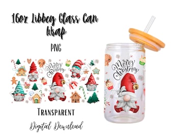 Digital Christmas 16oz Libbey Glass Can Tumbler Sublimation Design - Design Download PNG/Santa/Snow/Ho Ho Ho/Presents/Red/Green/Gnome