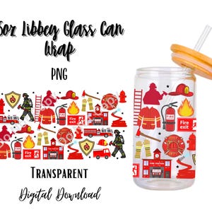 May include: A clear 16oz Libbey glass can wrap with a firefighter theme. The design includes red fire trucks, helmets, axes, and fire station illustrations. The can has an orange lid and a straw. The words "Fire Exit" are visible.