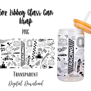 Puede incluir: Un diseño digital descargable en blanco y negro para una envoltura de lata de vidrio Libbey de 473 ml. El diseño presenta un tema de carreras con banderas a cuadros, coches de carreras y la palabra "RACING" repetida. El diseño es transparente y se puede utilizar para personalizar una lata de vidrio.