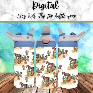 Digital Horses 300dpi 12oz Kids Flip top Sippy cup Tumbler Wrap PNG /12oz Kids Sublimation/Digital 120z Tumbler/Cactus/Animal/Desert/