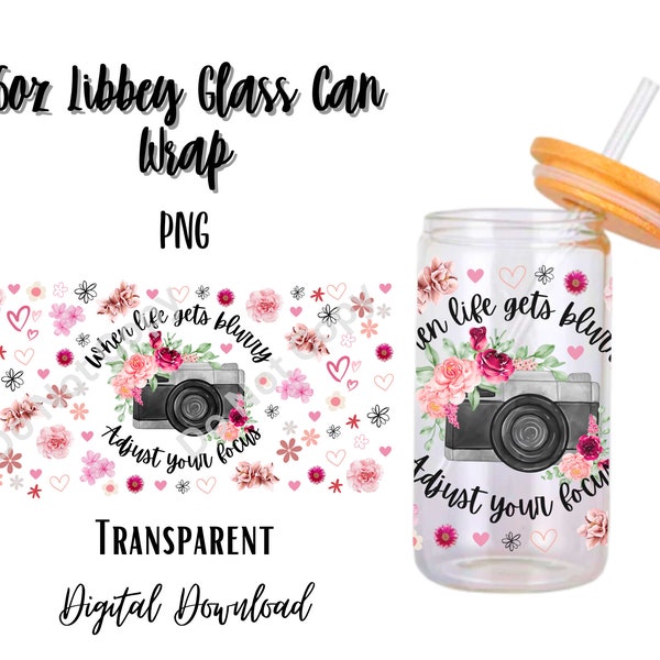 Digital Camera 16oz Libbey Glass Can Tumbler Sublimation Design - Design Digital Download PNG/Cuss/Pink Flowers/Focus/photographer/