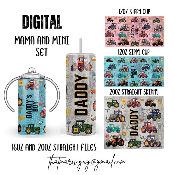 Digital Daddy and Mini Set 300dpi 20oz STRAIGHT Skinny Wrap/20oz Tumbler Sublimation/Digital 12oz Kids Sippy/Fathers Day/Dad/Farming/Tractor