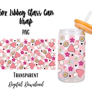 キノコ 16 オンス Libbey ガラス 缶 タンブラー 昇華デザイン/デジタル ダウンロード PNG/ピンク/パターン/かわいい/植物/チェック/花/星