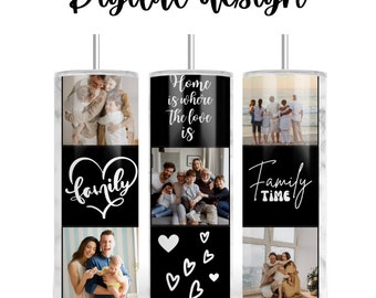 May include: A black and white tumbler with a marble pattern. The tumbler is divided into three sections, each with a different image and text. The top section features a family photo with the text "Home is where the love is". The middle section features a family photo with the text "family". The bottom section features a family photo with the text "Family Time".