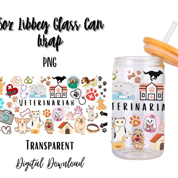 Digital Veterinarian 16oz Libbey Glass Can Tumbler Sublimation Design - Design Digital Download PNG/Skeleton Hand/Vet/Animal/Cat/Dog