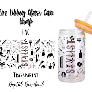 Digital Hair Stylist 16oz Libbey Glass Can Tumbler Sublimation Design Design Digital Download PNG/Hairdresser/Salon image 1