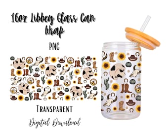 Digitale Western 16 Unzen Libbey Glas Dose Becher Sublimation Design - Design Digital Download PNG/Kuhschädel/Cowgirl/Hintergrund
