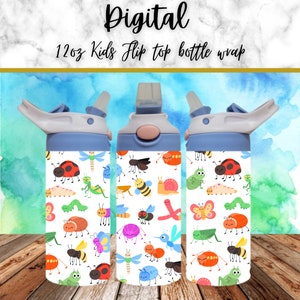 May include: A digital printable design for a 12oz kids flip top water bottle wrap. The design features a white background with a colourful pattern of various insects, including ladybugs, butterflies, bees, and caterpillars.