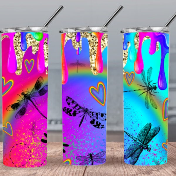 Rainbow Drippings Dragonfly Glitter 300dpi STRAIGHT Skinny Tumbler Wrap/Neon 30oz Tumbler Sublimation/Digital 20oz Tumbler