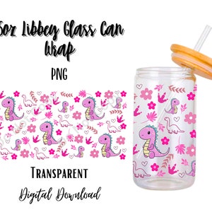 Può includere: Un download digitale di un involucro per lattina di vetro da 473 ml con un motivo rosa e bianco di dinosauri e fiori. L'involucro è trasparente e può essere utilizzato per personalizzare una lattina di vetro.
