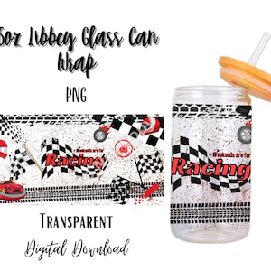 May include: A digital download of a 16 ounce glass can wrap featuring a checkered flag design with the text "Weekends are for Racing".