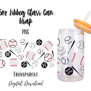 May include: A digital download of a 16oz Libbey glass can wrap with a baseball theme. The wrap features black and white baseballs with red stitching and black bats. The design is transparent and can be used to personalize a glass can.