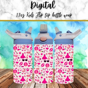 Digital Pink Girly 300dpi 12oz Kids Flip top Sippy cup Tumbler Wrap PNG /12oz Kids Sublimation/Hot Pink/Lips/Hearts/Lipstick/Dress/Glasses