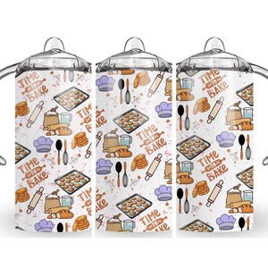 May include: Three clear plastic tumblers with lids and handles. Each tumbler has a white background with a repeating pattern of baking-themed illustrations and the text "Time to Bake".