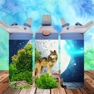 Wolf 300dpi 12oz Kids Flip top Sippy cup Tumbler Wrap PNG /12oz Kids Sublimation/Digital 120z Tumbler/Animal/Nature/Forest/Moon/Stars