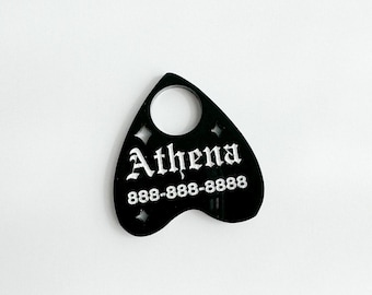 planchette pet id tag, dog tag, cat tag, pet tag, pet id tag, ouija pet tag, spooky pet tag, horror pet tag, custom pet tag, dog id tag