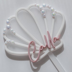 Snäckskalstårta, sjöjungfrufödelsedag, tårttoppare, tårttoppare med eget namn, snäckskalstoppare, pärla, under havet, sjöjungfru, födelsedagsdekoration