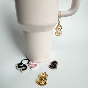 May include: Five acrylic charms in the shape of the letter "S" in different colors. The charms are gold, black, white, pink, and brown. The charms are hanging from a white mug.
