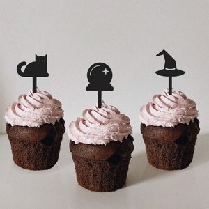 Cupcake Toppers, Hexen Cupcake Toppers, Halloween Dekor, Halloween Cupcake Toppers, schwarze Katze Dekor, Hexenhut, Boo, gruselige Deko, Cupcake
