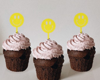 smiley face cupcake toppers, cupcake toppers, smiley face, retro theme, retro party favors, smiley face decor, retro party, toppers