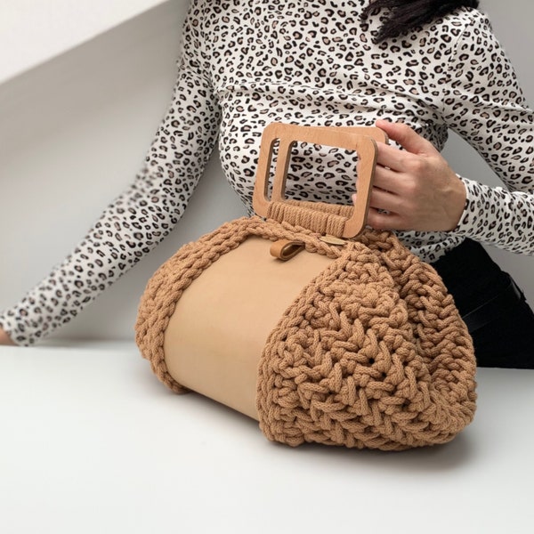 CROCHET LEATHER Hand BAG / Unique Purse /Caramel, Nude Color Clutch /Wood Top Handle pouch /Birthday Gift For Her /Gift  For Mother's Day