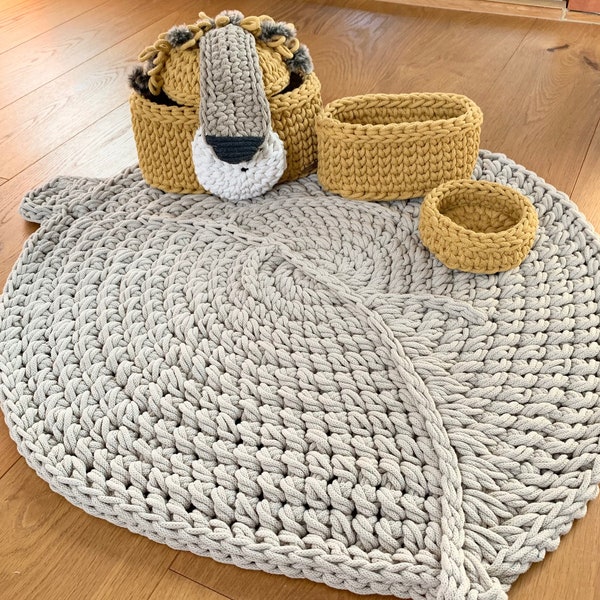 Lot de 3 tapis feuilles + panier lion / décoration de chambre de bébé neutre / organisateur de chambre de bébé au crochet unique / pour bébés, enfants / cadeau pour anniversaire