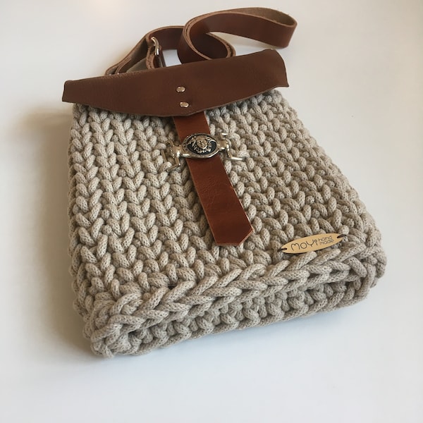 CROCHET POUCH Bag / Crossbody Phone purse / HAVERSACK Bag /  Leather Lid and Strap / Padded / Birthday Gift /For Girls, Women /Gift For Her