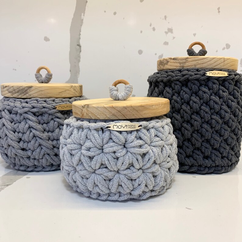 Crochet Containers Set of 3 Crochet Storage Baskets: Natural Cotton Organizer With Wood ...